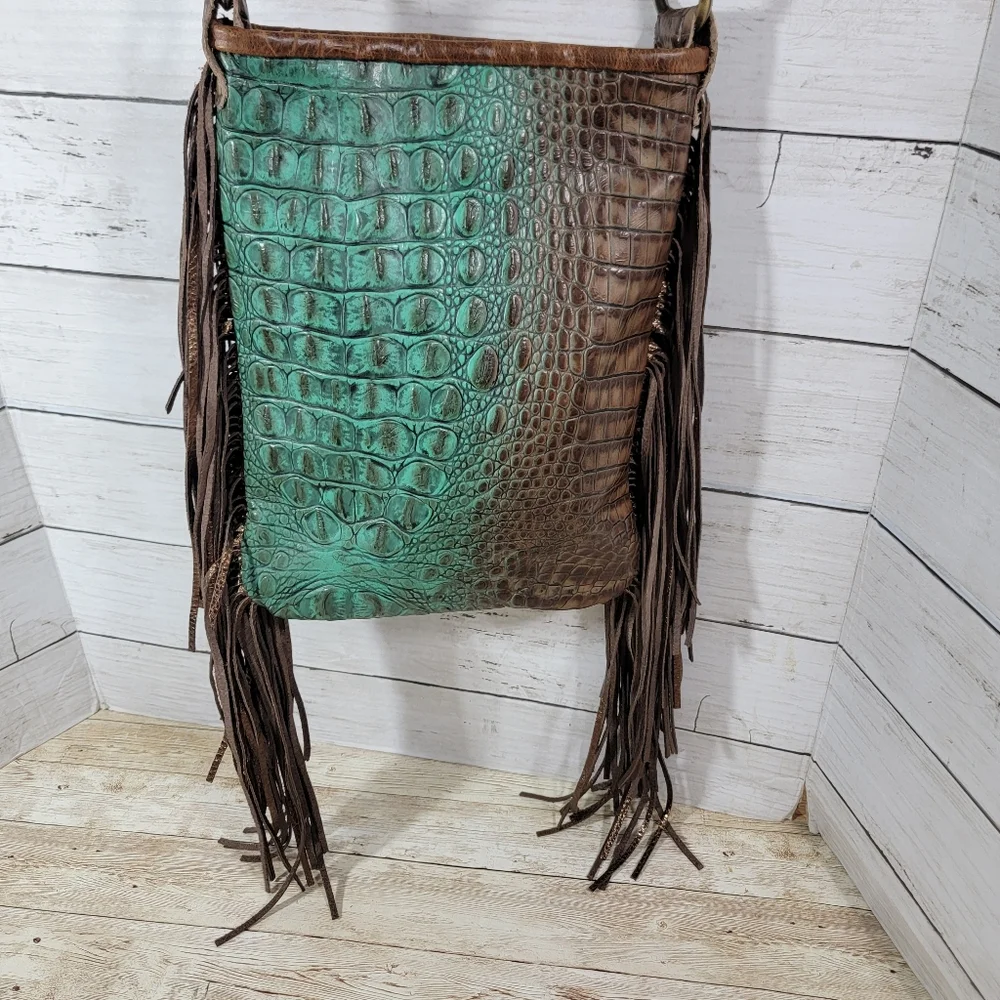 Brown Fringe Crossbody Bag with Croc-Embossed Accent *READ*